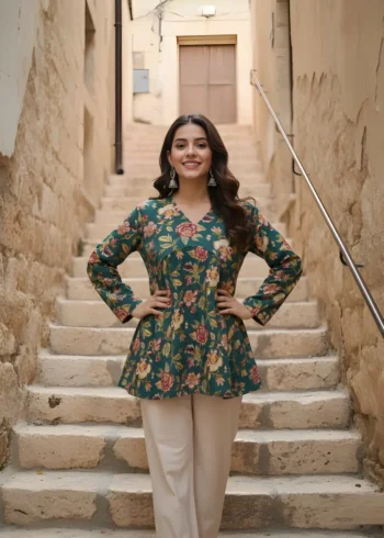 Women's Green Cotton Printed Tunic Top front