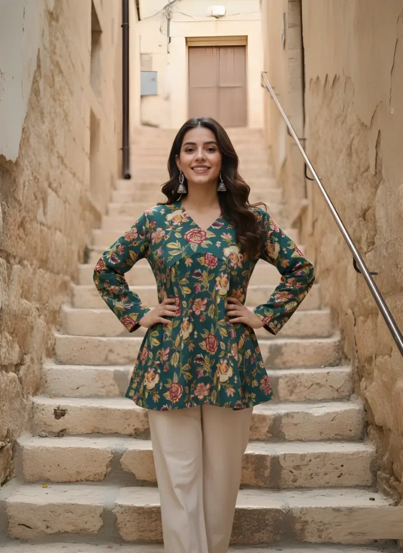 Women's Green Cotton Printed Tunic Top front