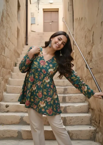 Women's Green Cotton Printed Tunic Top