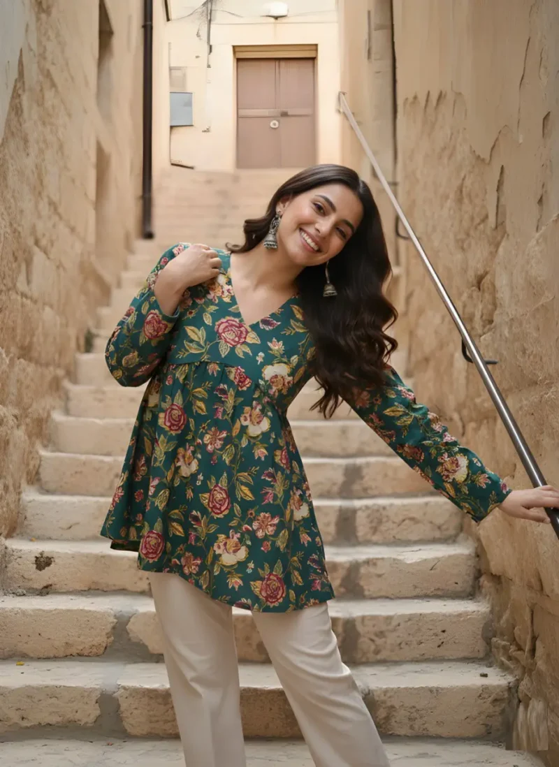 Women's Green Cotton Printed Tunic Top
