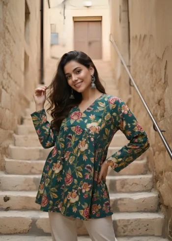 Women's Green Cotton Printed Tunic Top close