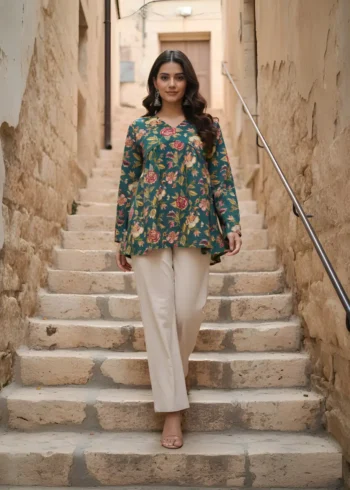 Women's Green Cotton Printed Tunic Top