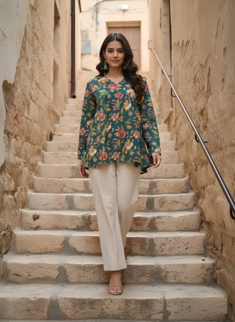 Women's Green Cotton Printed Tunic Top
