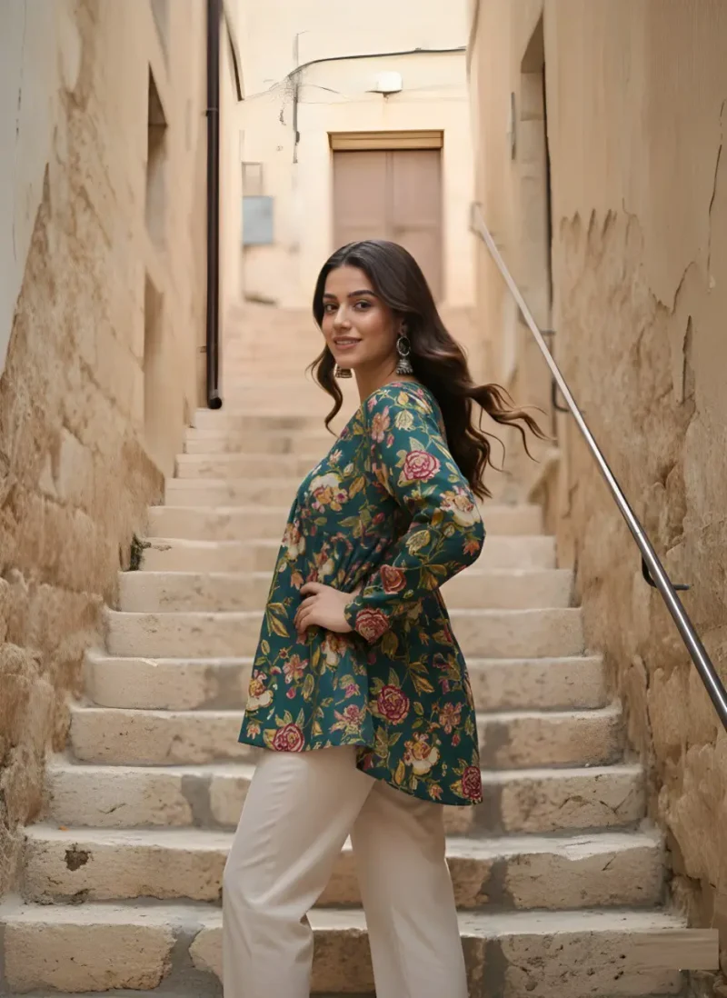 Women's Green Cotton Printed Tunic Top side look