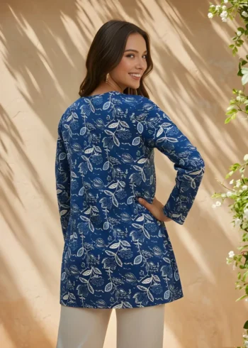 Women's Blue Cotton Printed Tunic Top backside
