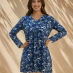 Women's Blue Cotton Printed Tunic Top