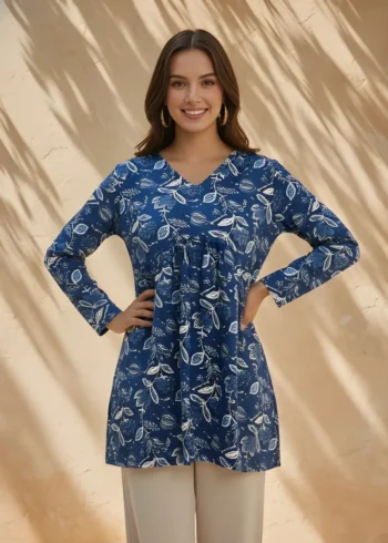 Women's Blue Cotton Printed Tunic Top