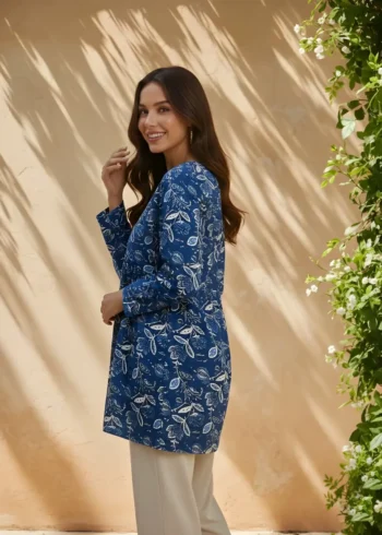 Women's Blue Cotton Printed Tunic Top side