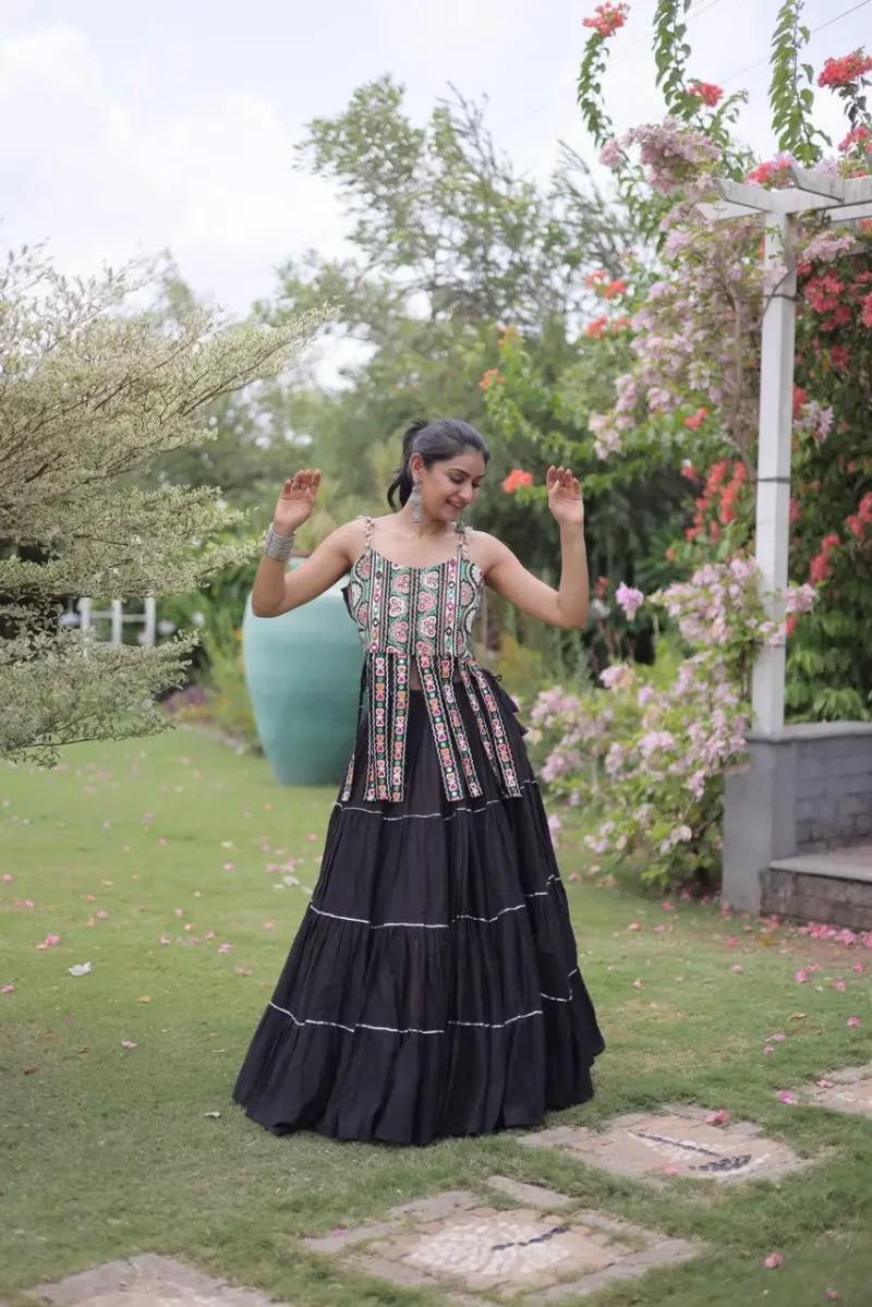 Black Colour Women's Kora Cotton Navratri Lehenga Choli front look