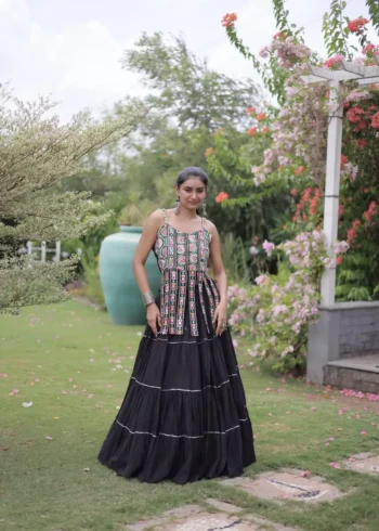 Black Colour Women's Kora Cotton Navratri Lehenga Choli full look