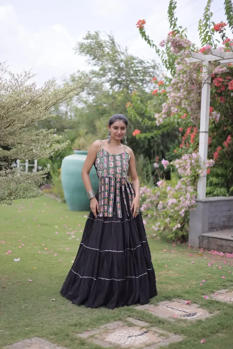 Black Colour Women's Kora Cotton Navratri Lehenga Choli full look