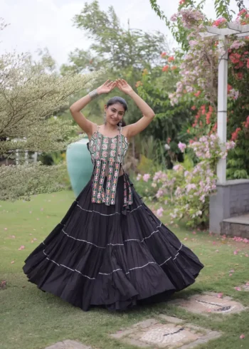 Black Colour Women's Kora Cotton Navratri Lehenga Choli flair look