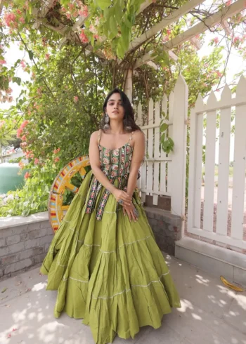 Light Green Colour Women's Kora Cotton Navratri Lehenga Choli full look
