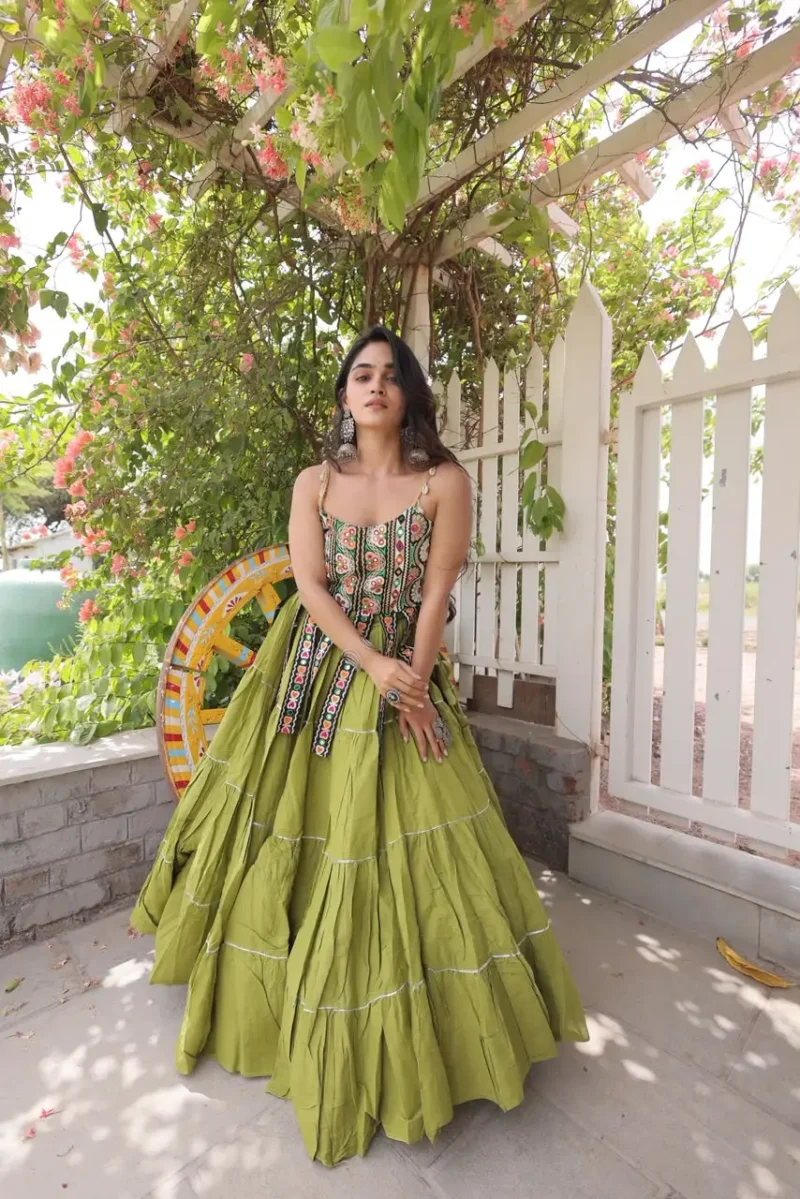 Light Green Colour Women's Kora Cotton Navratri Lehenga Choli full look