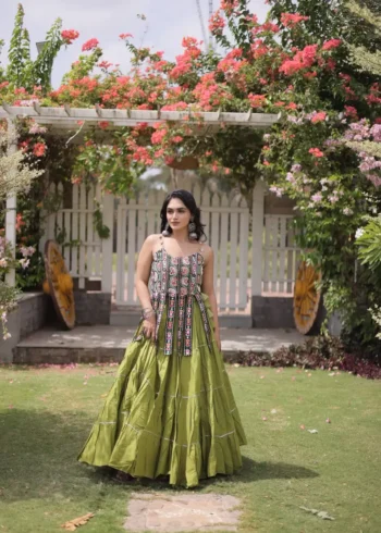 Light Green Colour Women's Kora Cotton Navratri Lehenga Choli front look