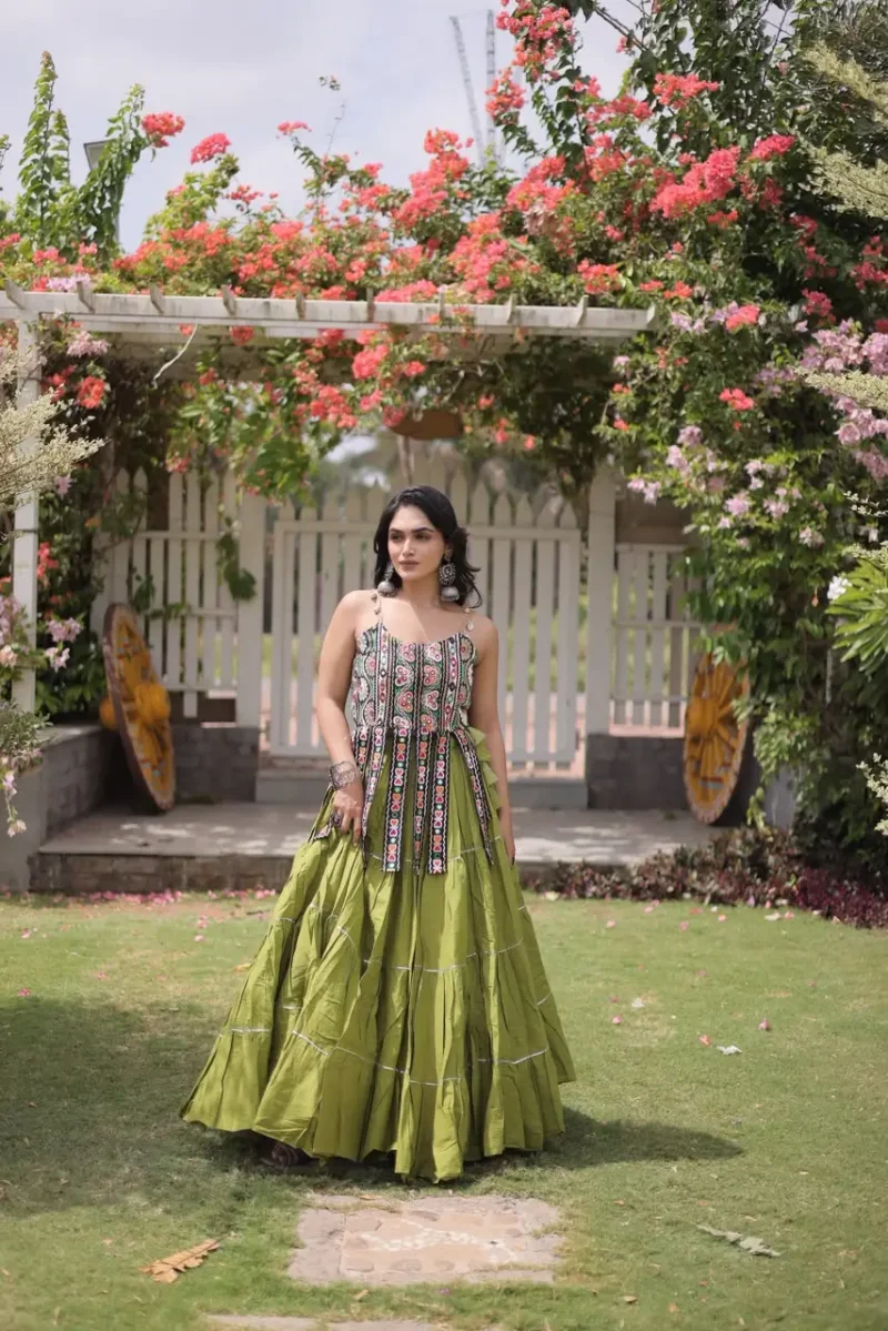 Light Green Colour Women's Kora Cotton Navratri Lehenga Choli front look