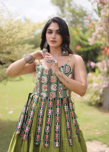 Light Green Colour Women's Kora Cotton Navratri Lehenga Choli close look
