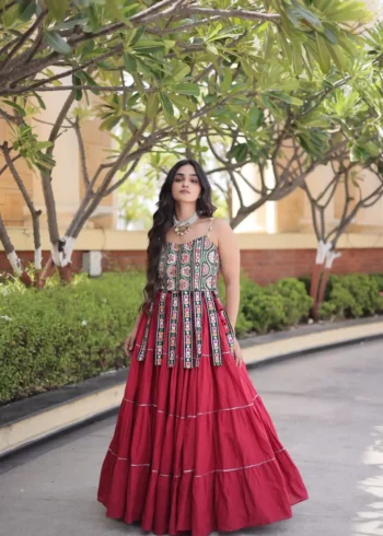 Maroon Colour Women's Kora Cotton Navratri Lehenga Choli full look