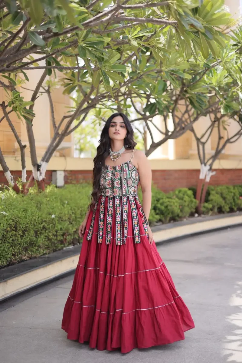 Maroon Colour Women's Kora Cotton Navratri Lehenga Choli full look