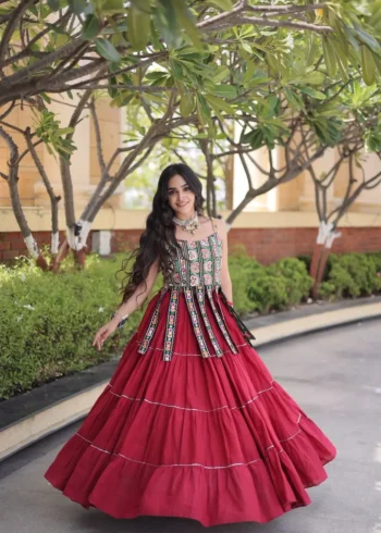 Maroon Colour Women's Kora Cotton Navratri Lehenga Choli flair look