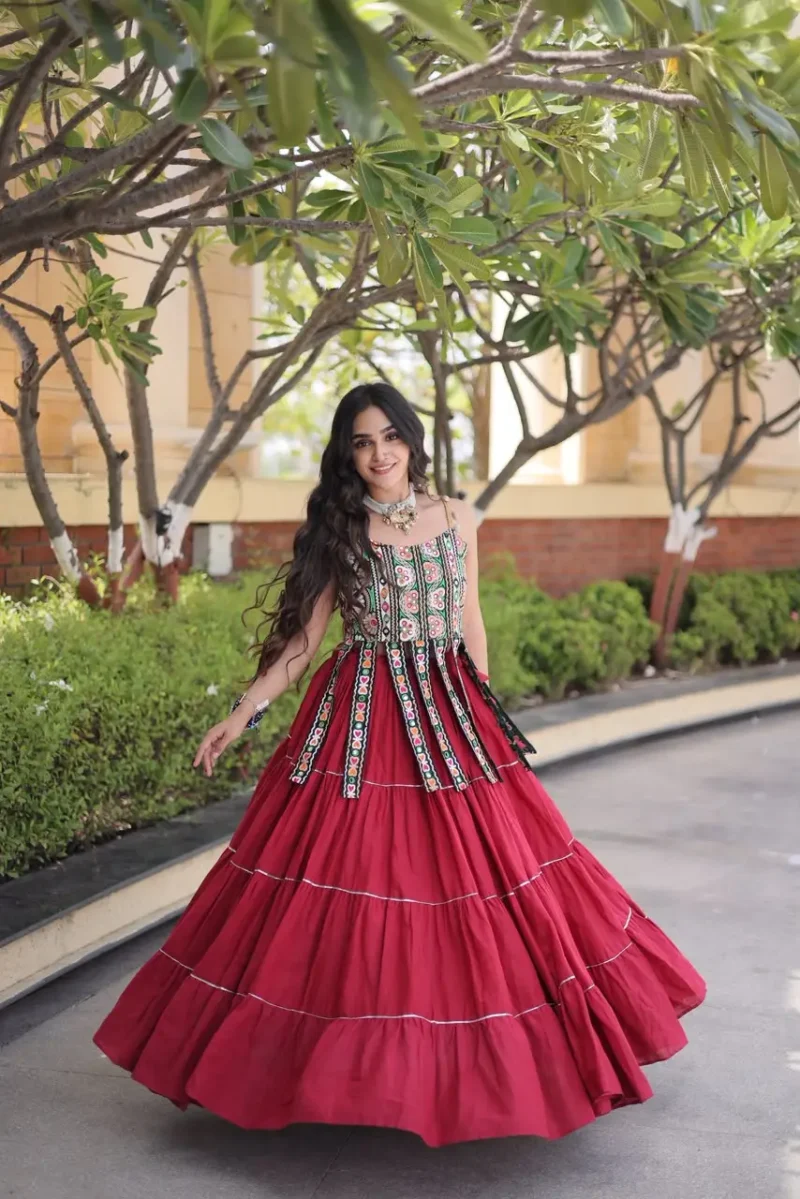 Maroon Colour Women's Kora Cotton Navratri Lehenga Choli flair look