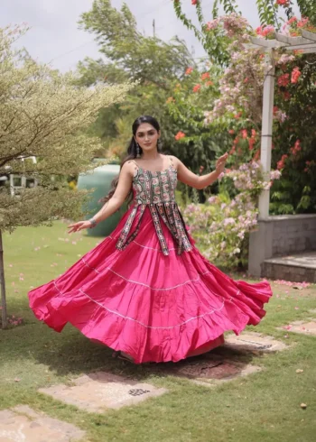 Pink Colour Women's Kora Cotton Navratri Lehenga Choli front flair