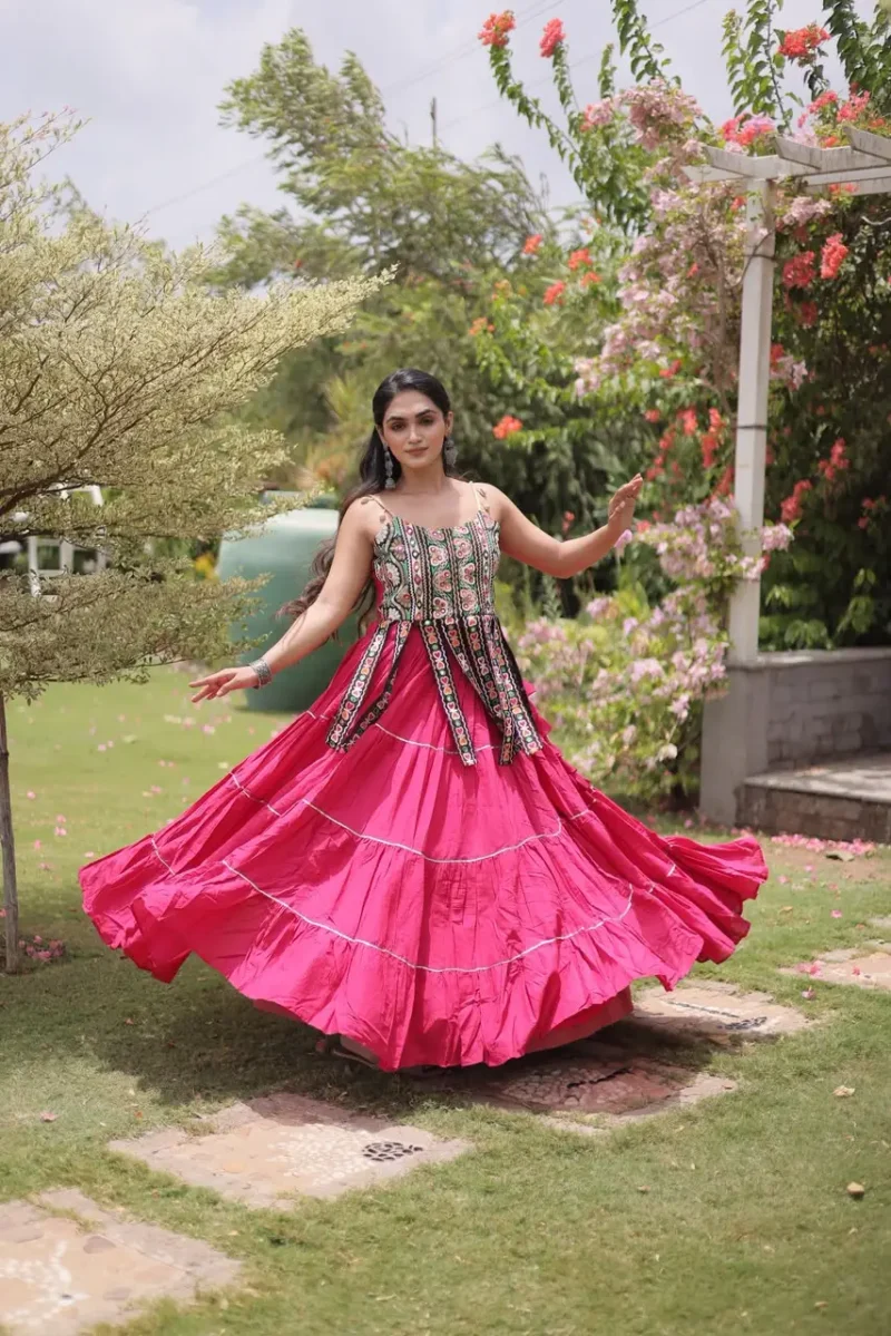 Pink Colour Women's Kora Cotton Navratri Lehenga Choli front flair