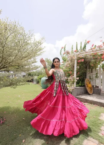 Pink Colour Women's Kora Cotton Navratri Lehenga Choli full flair look