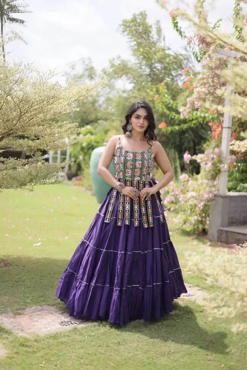Violet Colour Women's Kora Cotton Navratri Lehenga Choli front design