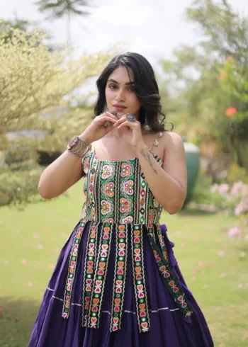 Violet Colour Women's Kora Cotton Navratri Lehenga Choli close look