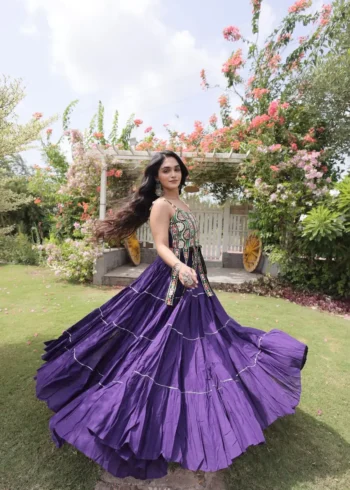 Violet Colour Women's Kora Cotton Navratri Lehenga Choli Flair look