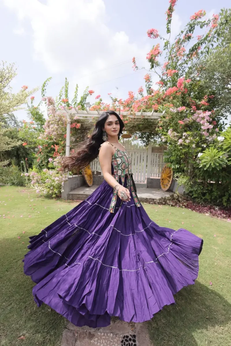 Violet Colour Women's Kora Cotton Navratri Lehenga Choli Flair look