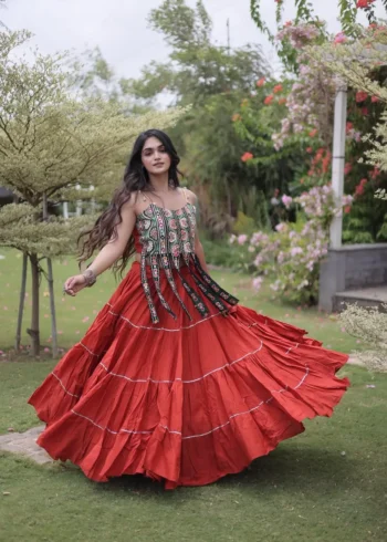 Rust Orange Colour Women's Kora Cotton Navratri Lehenga Choli full flare