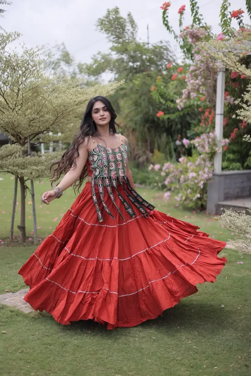 Rust Orange Colour Women's Kora Cotton Navratri Lehenga Choli full flare