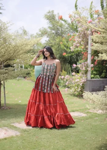 Rust Orange Colour Women's Kora Cotton Navratri Lehenga Choli full look
