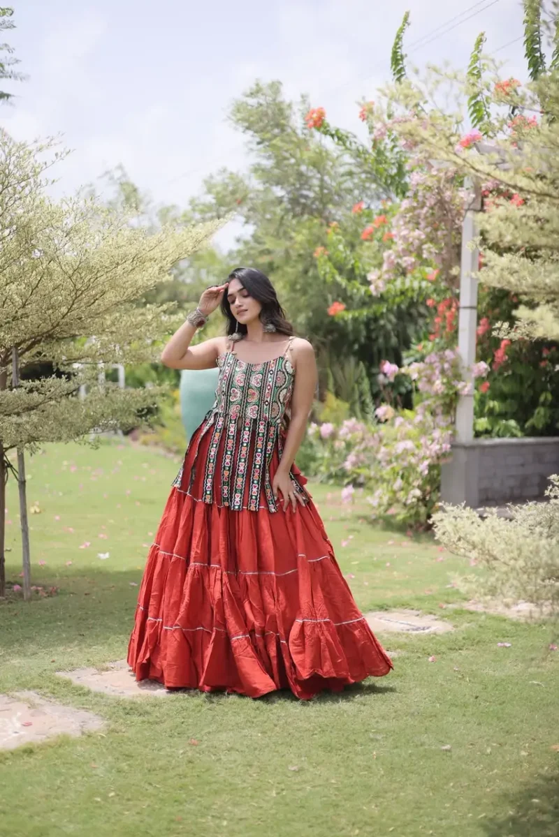 Rust Orange Colour Women's Kora Cotton Navratri Lehenga Choli full look