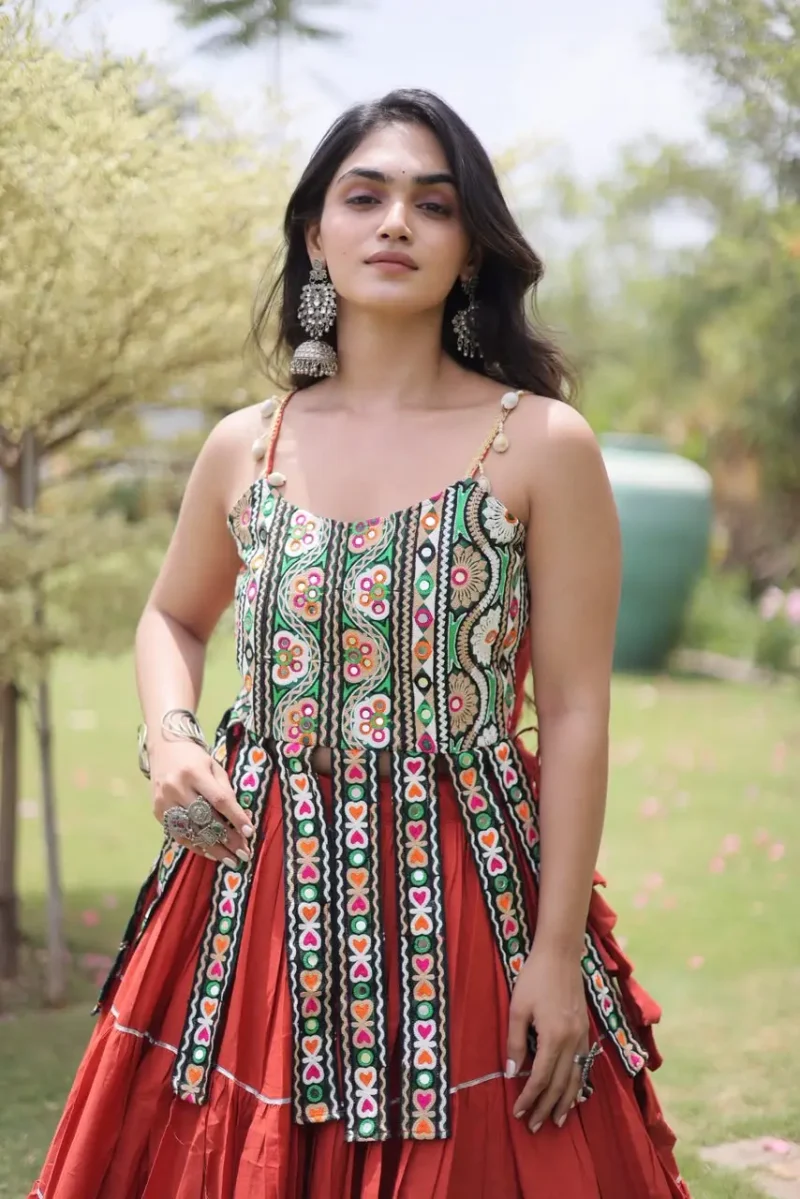 Rust Orange Colour Women's Kora Cotton Navratri Lehenga Choli close look