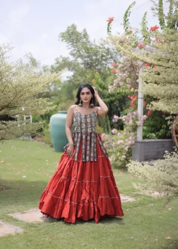 Rust Orange Colour Women's Kora Cotton Navratri Lehenga Choli front look