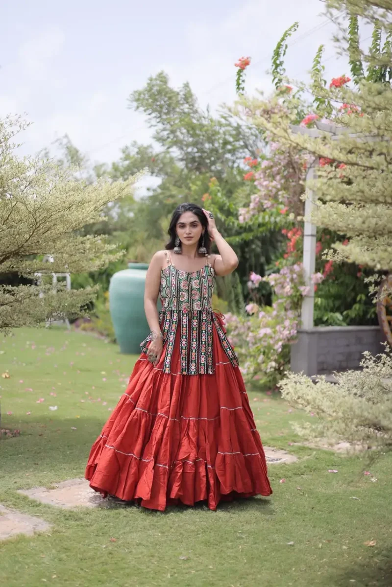 Rust Orange Colour Women's Kora Cotton Navratri Lehenga Choli front look