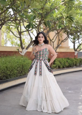 White Colour Women's Kora Cotton Navratri Lehenga Choli