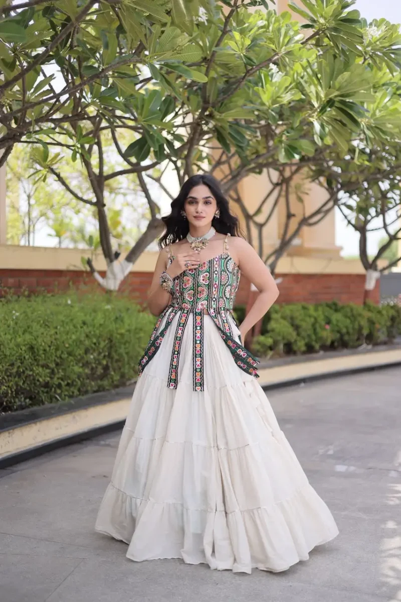 White Colour Women's Kora Cotton Navratri Lehenga Choli
