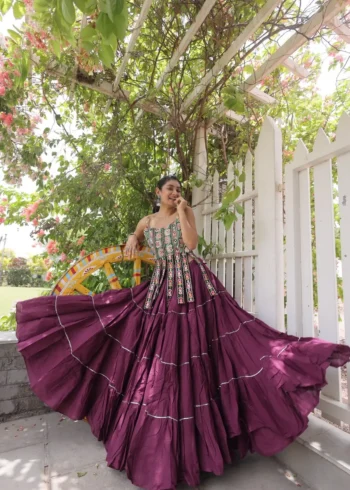 Wine Colour Women's Kora Cotton Navratri Lehenga Choli full flair