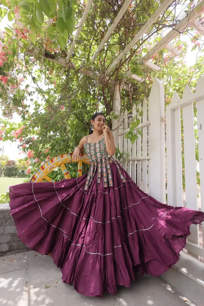 Wine Colour Women's Kora Cotton Navratri Lehenga Choli full flair