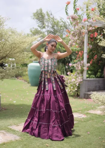 Wine Colour Women's Kora Cotton Navratri Lehenga Choli
