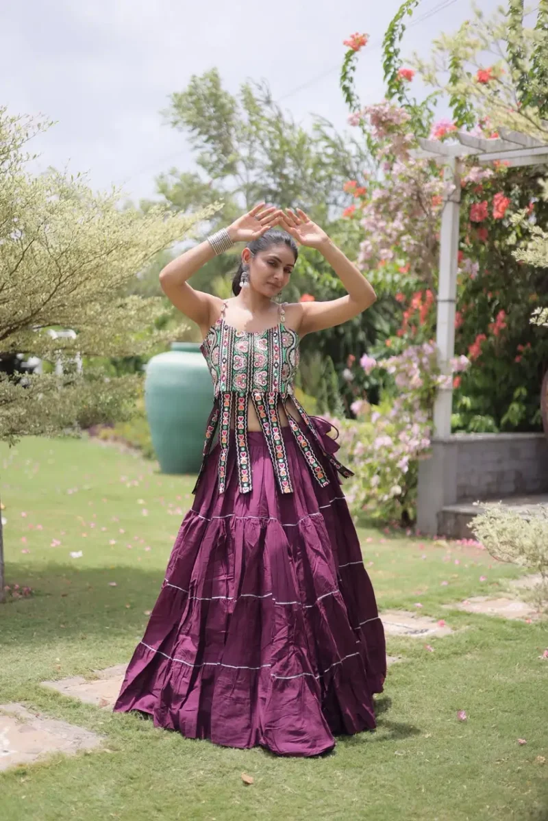 Wine Colour Women's Kora Cotton Navratri Lehenga Choli