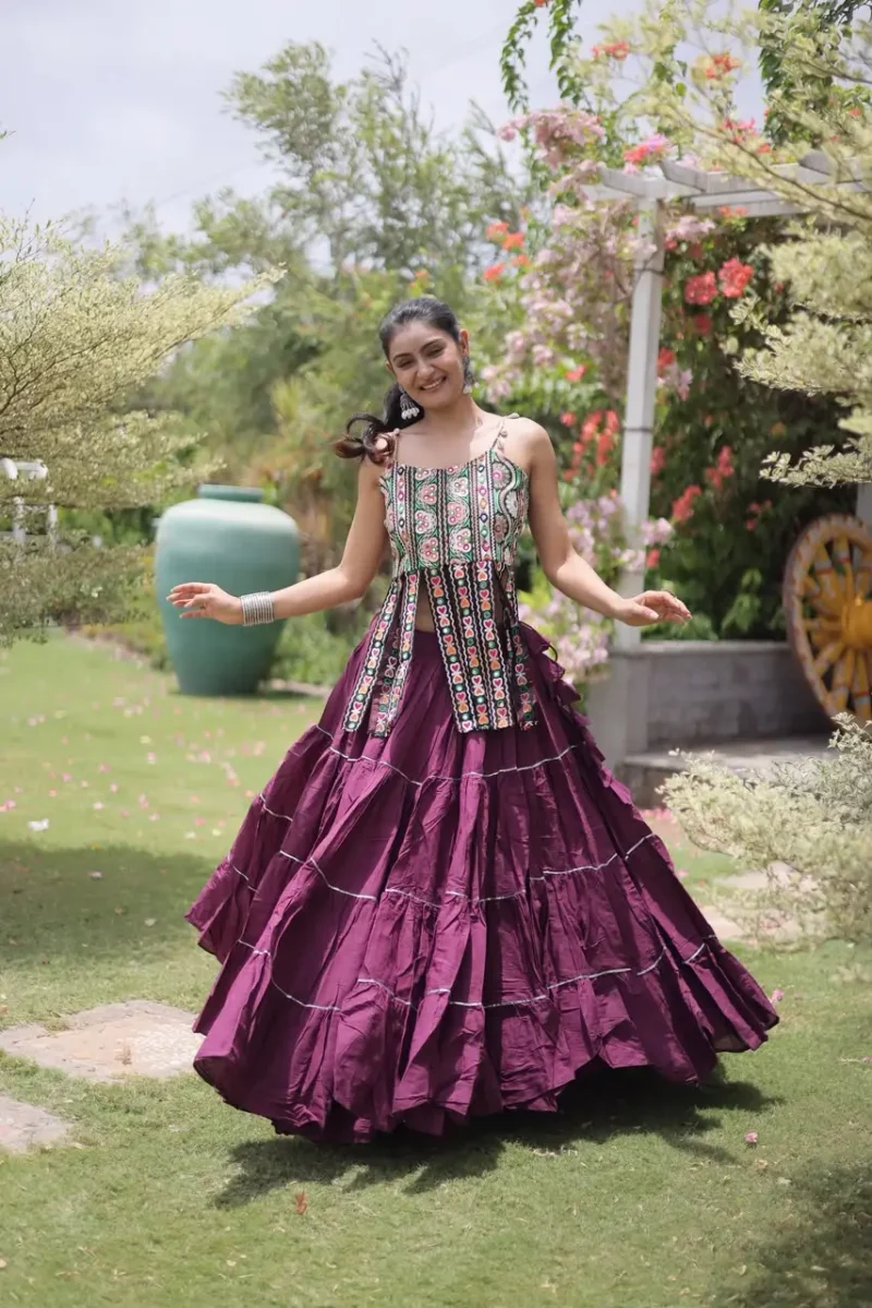 Wine Colour Women's Kora Cotton Navratri Lehenga Choli