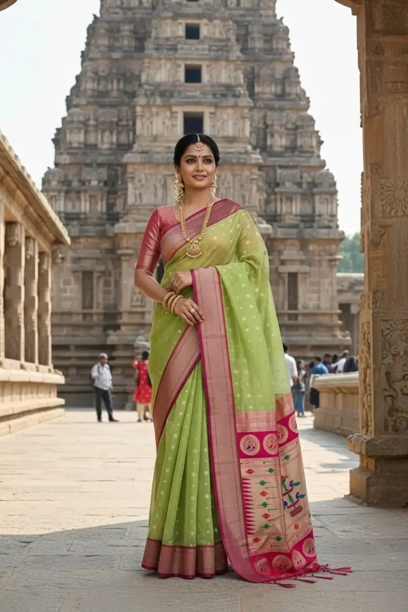 Parrot Green Peach Women's Organza Paithani Saree with Zari Butti