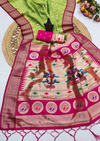 Parrot Green Peach Women's Organza Paithani Saree with Zari Butti Pallu design