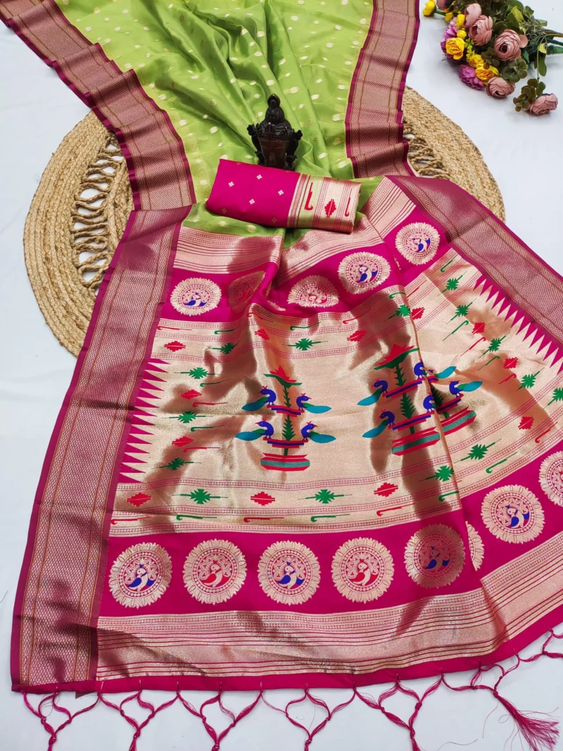 Parrot Green Peach Women's Organza Paithani Saree with Zari Butti Pallu design