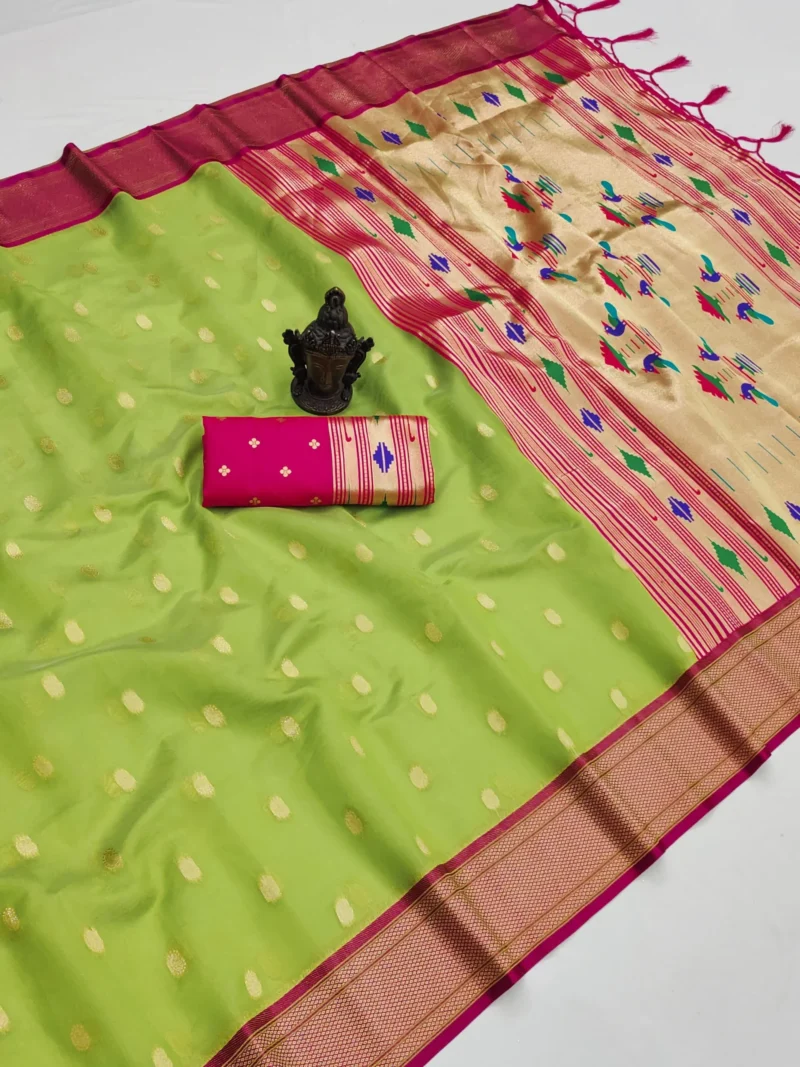 Parrot Green Peach Women's Organza Paithani Saree with Zari Butti Live